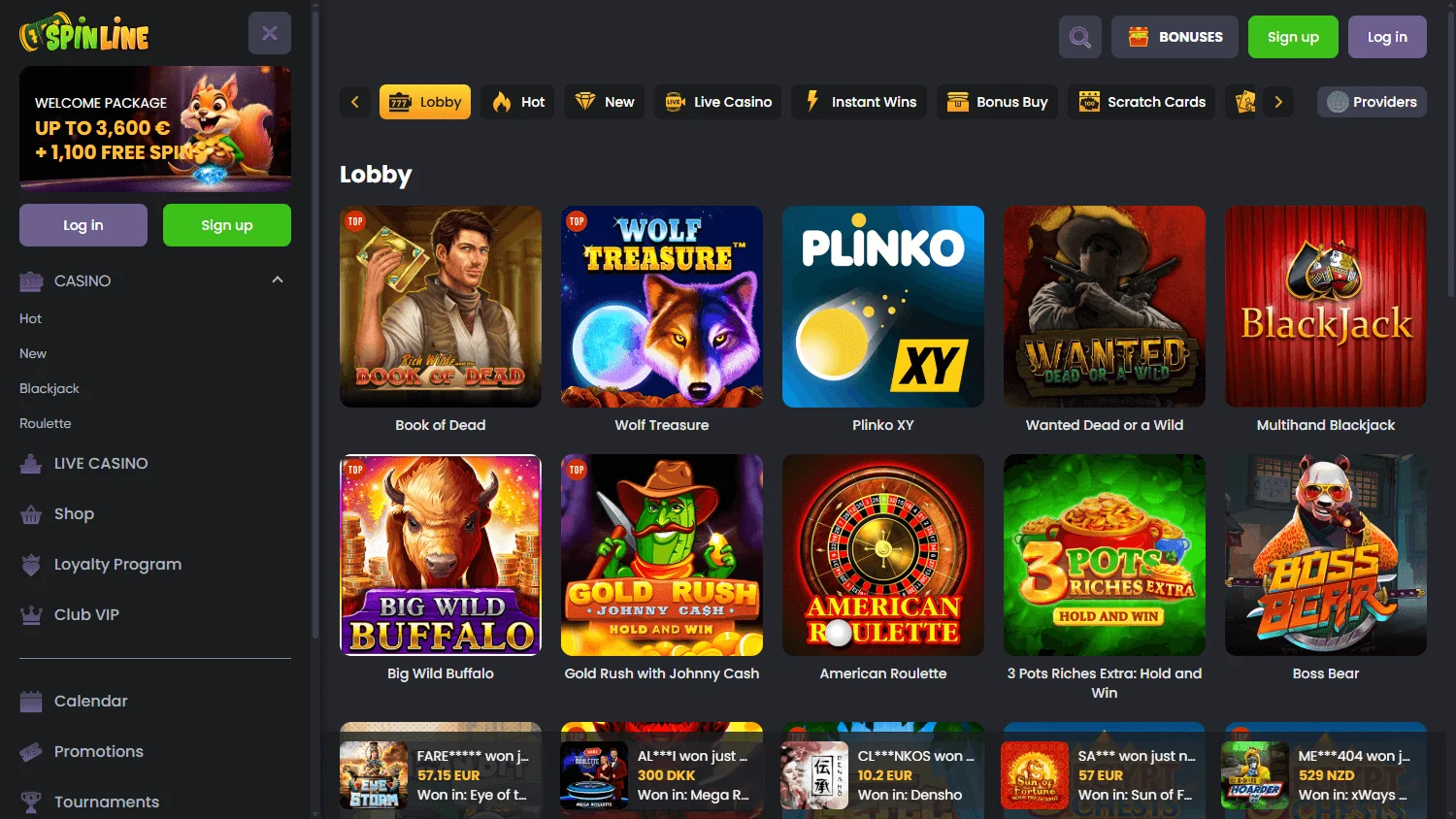 Spinline Casino games area on desktop