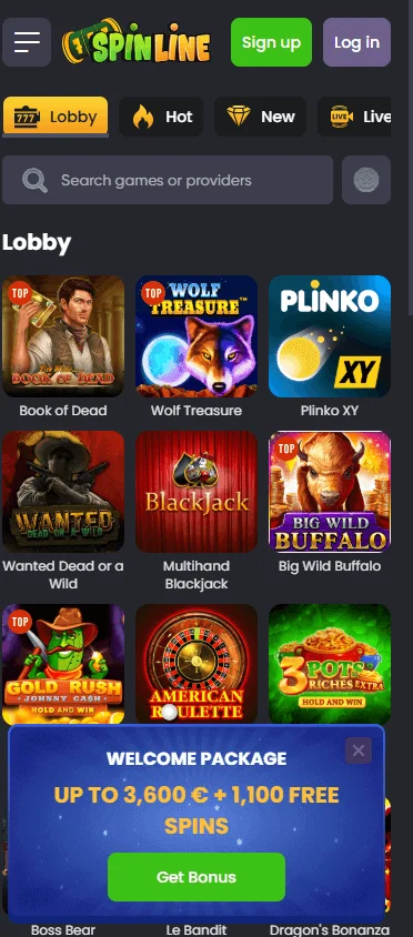 Spinline Casino games area on a mobile device