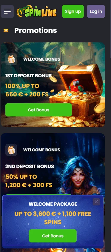 Spinline Casino promotions area on a mobile device