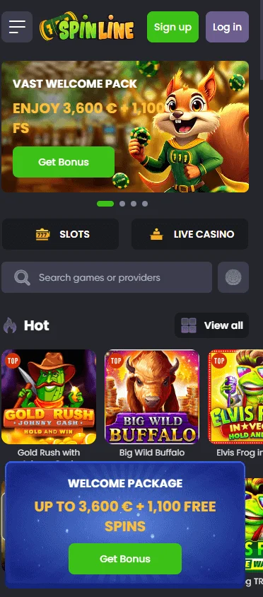 Spinline Casino home page on a mobile device