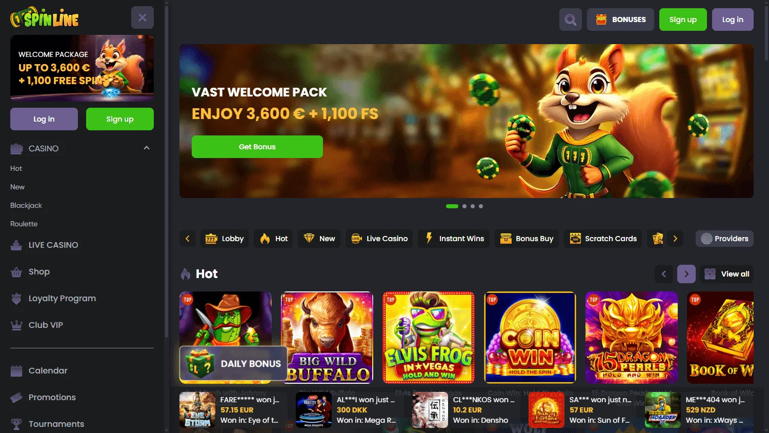 Spinline Casino home page on desktop