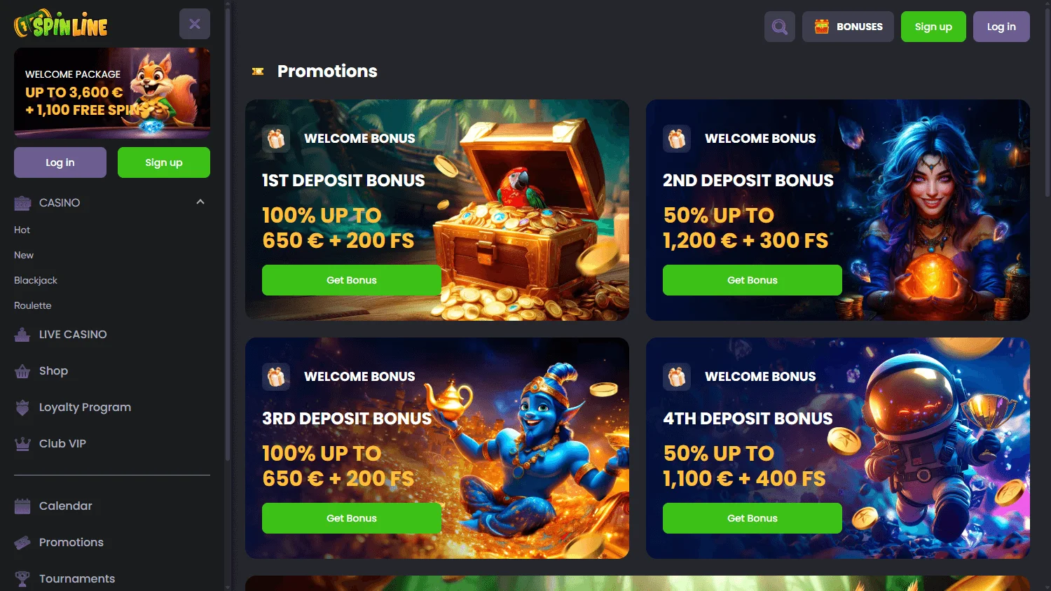 Spinline Casino promotions area on desktop